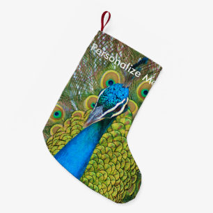 Pfau-Blau-Kopf mit und bunte Schwanz-Federn Kleiner Weihnachtsstrumpf