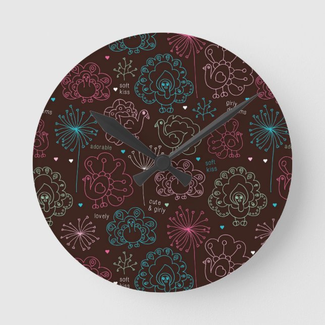 Pfau Blume Indica Wallpaper Vintag Runde Wanduhr (Vorderseite)