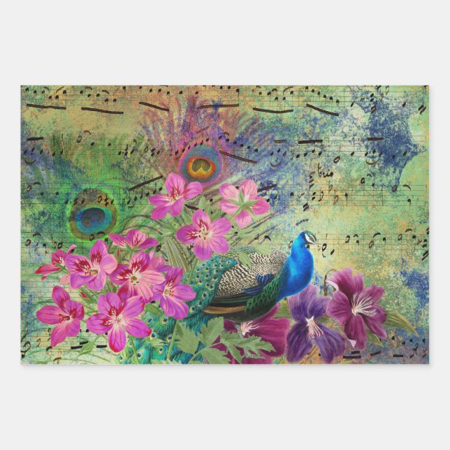 Pfau-Blume und Musik Geschenkpapier Set (Vorderseite)