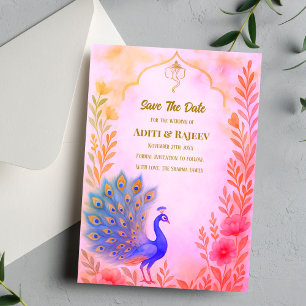 Pfau Blumen Indische Hochzeit Save-the-Date-Karte Einladung
