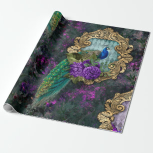 Pfau, Blumen und Goldrahmen Geschenkpapier