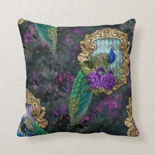 Pfau, Blumen und Goldrahmen Kissen