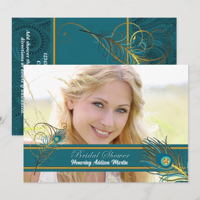 Pfau Brautparty Bridge to Be Foto Einladung (Vorne/Hinten)