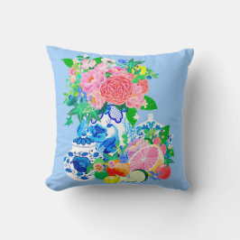 Pfau Chinoiserie Vase mit Pfauen und Rose Kissen