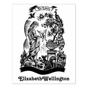 Pfau, Dame, Schmetterling, Hase Ex Libris Buch Gummistempel