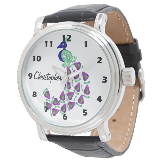Pfau-Design personalisiert Armbanduhr (Schrägansicht)
