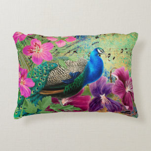 Pfau Elegant Blau Rosa Blumen Grün Dekokissen