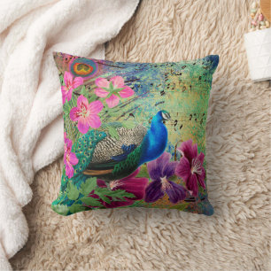 Pfau Elegant Blau Rosa Blumen Grün Kissen