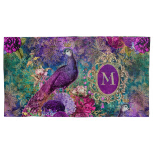 Pfau Elegant Vintage Lila Türkis Gold Monogramm Kissenbezug