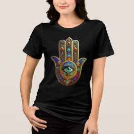 Pfau-Farben-Blütenblätter-Hamsa-Grünes Drittes Aug Tri-Blend Shirt