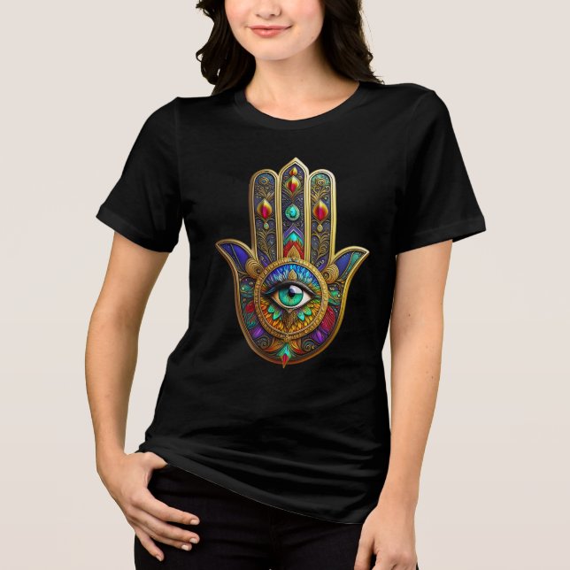 Pfau-Farben-Blütenblätter-Hamsa-Grünes Drittes Aug Tri-Blend Shirt (Vorderseite)