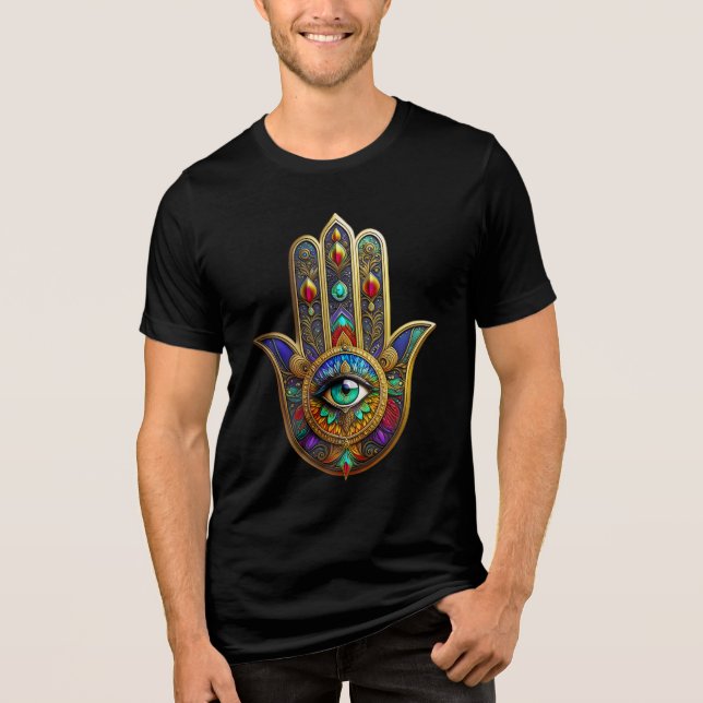 Pfau-Farben-Blütenblätter-Hamsa-Grünes Drittes Aug Tri-Blend Shirt (Vorderseite)
