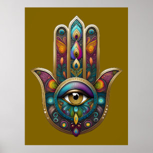 Pfau Farben Hamsa mit goldenem dritten Auge Poster