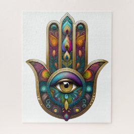 Pfau Farben Hamsa mit goldenem dritten Auge Puzzle