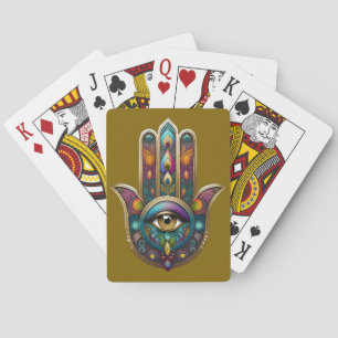 Pfau Farben Hamsa mit goldenem dritten Auge Spielkarten
