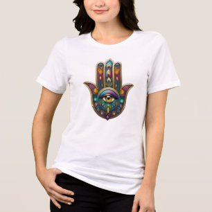 Pfau-Farben Hamsa mit goldenem dritten Auge Tri-Blend Shirt