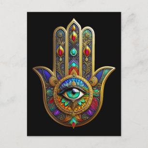 Pfau Farbige Blütenblätter Hamsa Grün Drittes Auge Postkarte