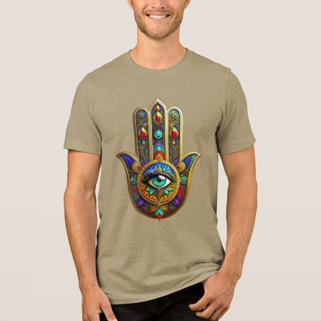 Pfau Farbige Blütenblätter Hamsa Grün Drittes Auge Tri-Blend Shirt (Vorderseite)