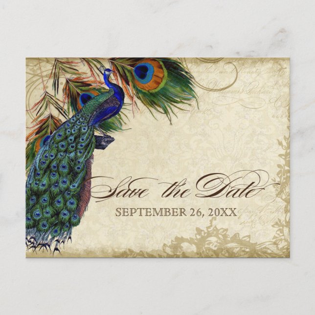 Pfau & Feathers Formal Save the Date Black Tan Ankündigungspostkarte (Vorderseite)