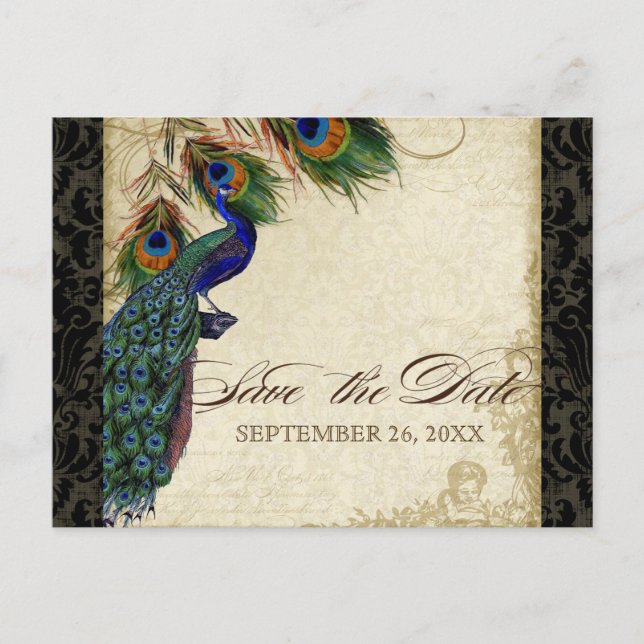 Pfau & Feathers Formal Save the Date Black Tan Ankündigungspostkarte (Vorderseite)