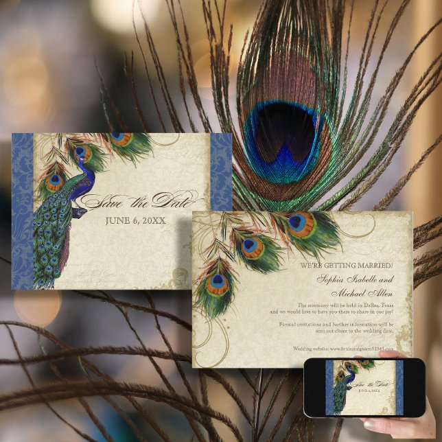 Pfau & Feathers Formal Save the Date Navy Blue Einladung (Von Creator hochgeladen)