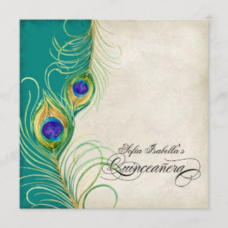 Pfau-Feder-aquamarines blaues Damast Quinceanera Einladung