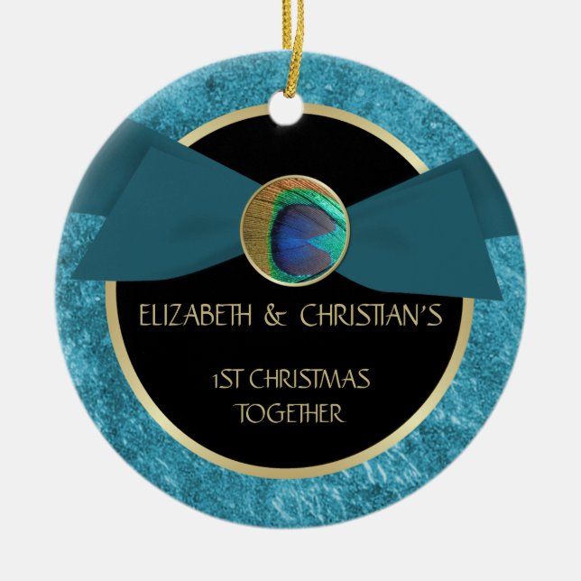 Pfau-Feder-Knopf-1. Weihnachtsverzierung Keramikornament (Vorne)