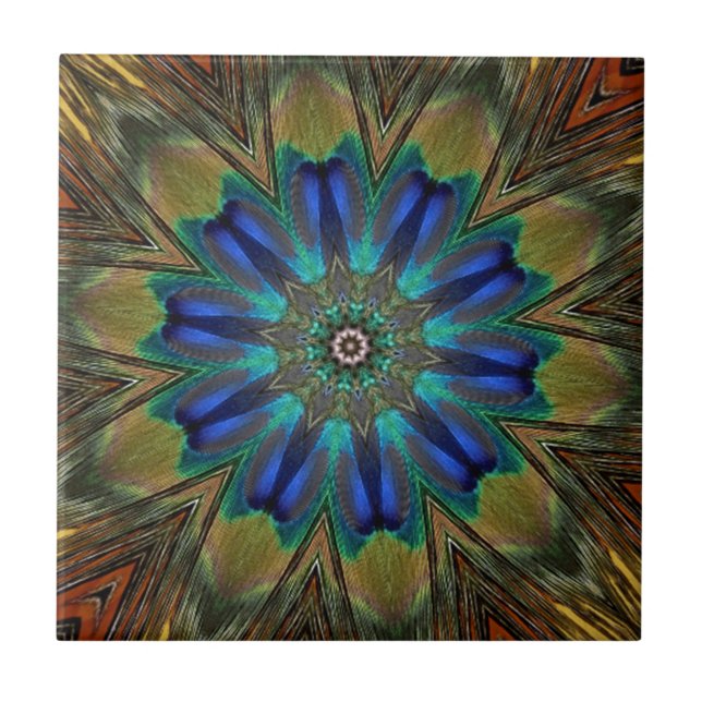 Pfau-Feder-Mandala-Kaleidoskop Fliese (Vorderseite)