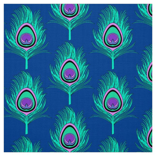 Pfau-Federn, Aqua auf tiefem Kobalt-Blau Stoff (Muster)