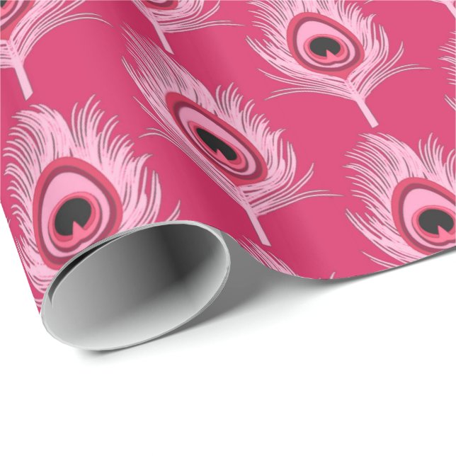 Pfau-Federn, Pastellrosa auf pinkfarbenem Rosa Geschenkpapier (Rolleneckpunkt)