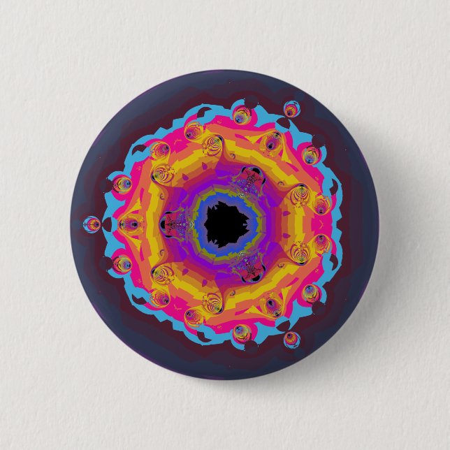 Pfau-Fraktalmandala-Gelb-Rosa lila Button (Vorderseite)