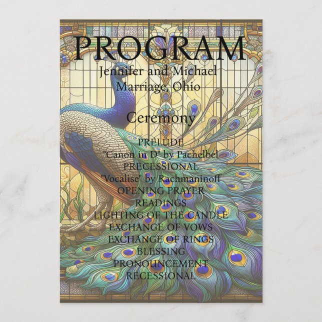 Pfau-Hochzeits-Buntglas-Programmkarte Programm (Vorderseite)