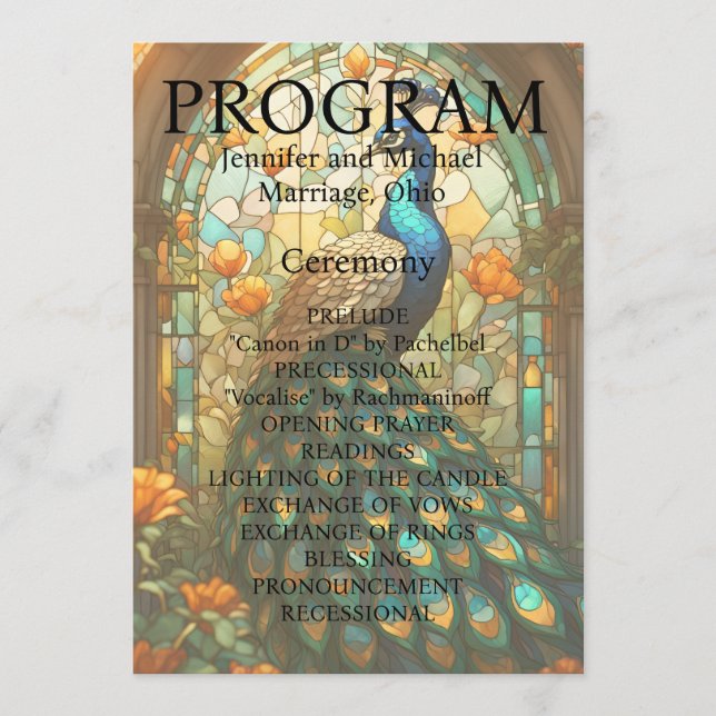 Pfau-Hochzeits-Buntglas-Programmkarte Programm (Vorderseite)