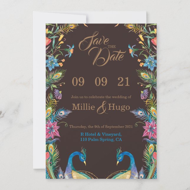 Pfau-Hochzeitseinladung  Einladung (Vorderseite)