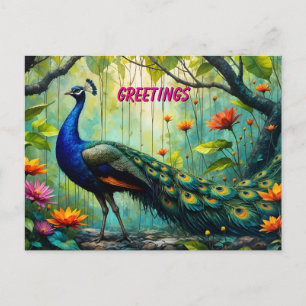 Pfau im Blumen-Dschungel-Puzzle Postkarte