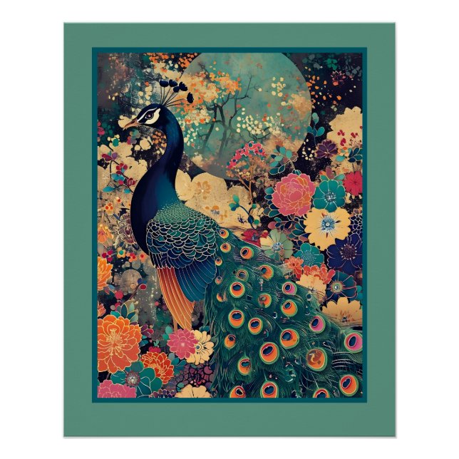 Pfau im Blumenmuster mit türkisfarbenem Mond Poster (Vorderseite)