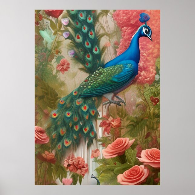 Pfau im Gartenpark Apricot Rose Poster (Vorne)