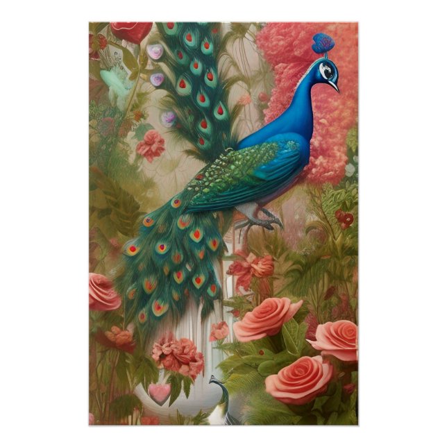 Pfau im Gartenpark Apricot Rose Poster (Vorderseite)
