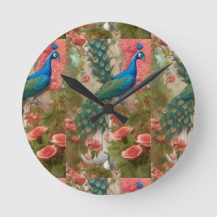 Pfau im Gartenpark Apricot Rose Runde Wanduhr