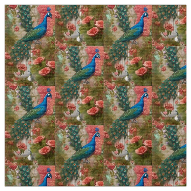 Pfau im Gartenpark Apricot Rose Stoff (Muster)