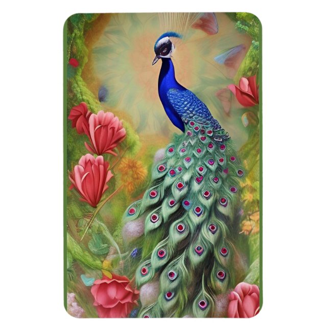Pfau im rosa Garten Magnet (Vertikal)