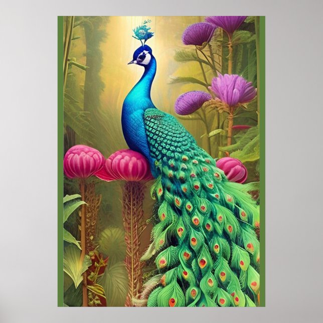 Pfau im Rosa-Gartenwald Poster (Vorne)