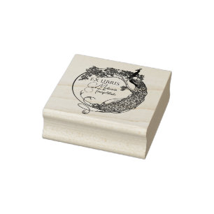 Pfau im Round Frame Art Nouveau Ex Libris Name Gummistempel