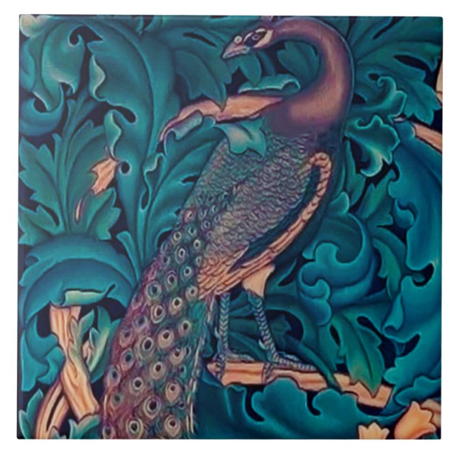 Pfau im Wald, William Morris Keramik Tile Fliese (Vorderseite)