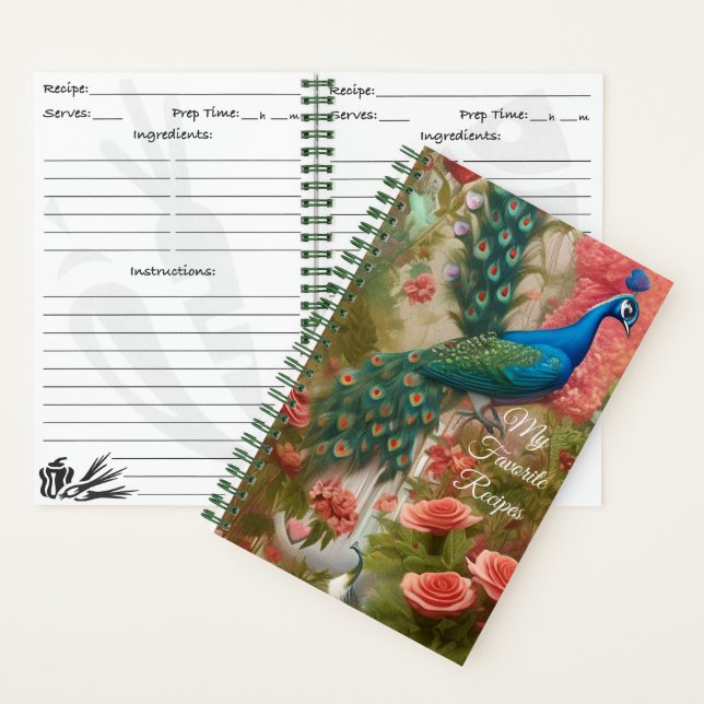 Pfau in Apricot Rose Gartengarten Rezept Notizbuch (Innen)