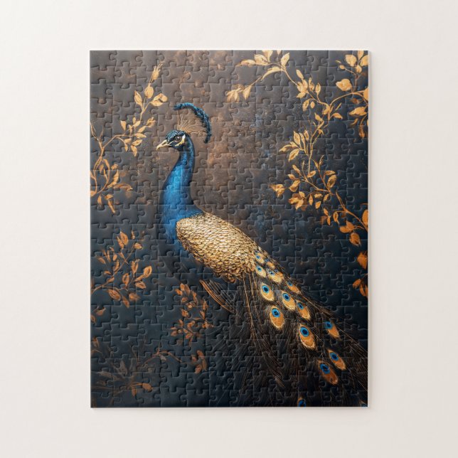 Pfau in Blau und Gold Puzzle (Vertikal)