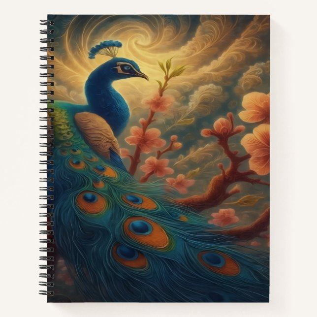 Pfau in Blüte Notizbuch (Vorderseite)