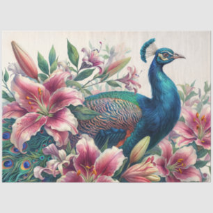Pfau in Blüte – Wasserfarben-Lilien und Gefieder Seidenpapier