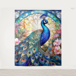 Pfau in Buntglas und Aquarell Wandteppich
