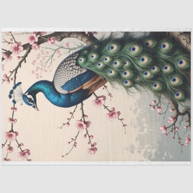 Pfau in einem Kirschblossom Baum Entdeckungsreise Seidenpapier (Vorderseite)